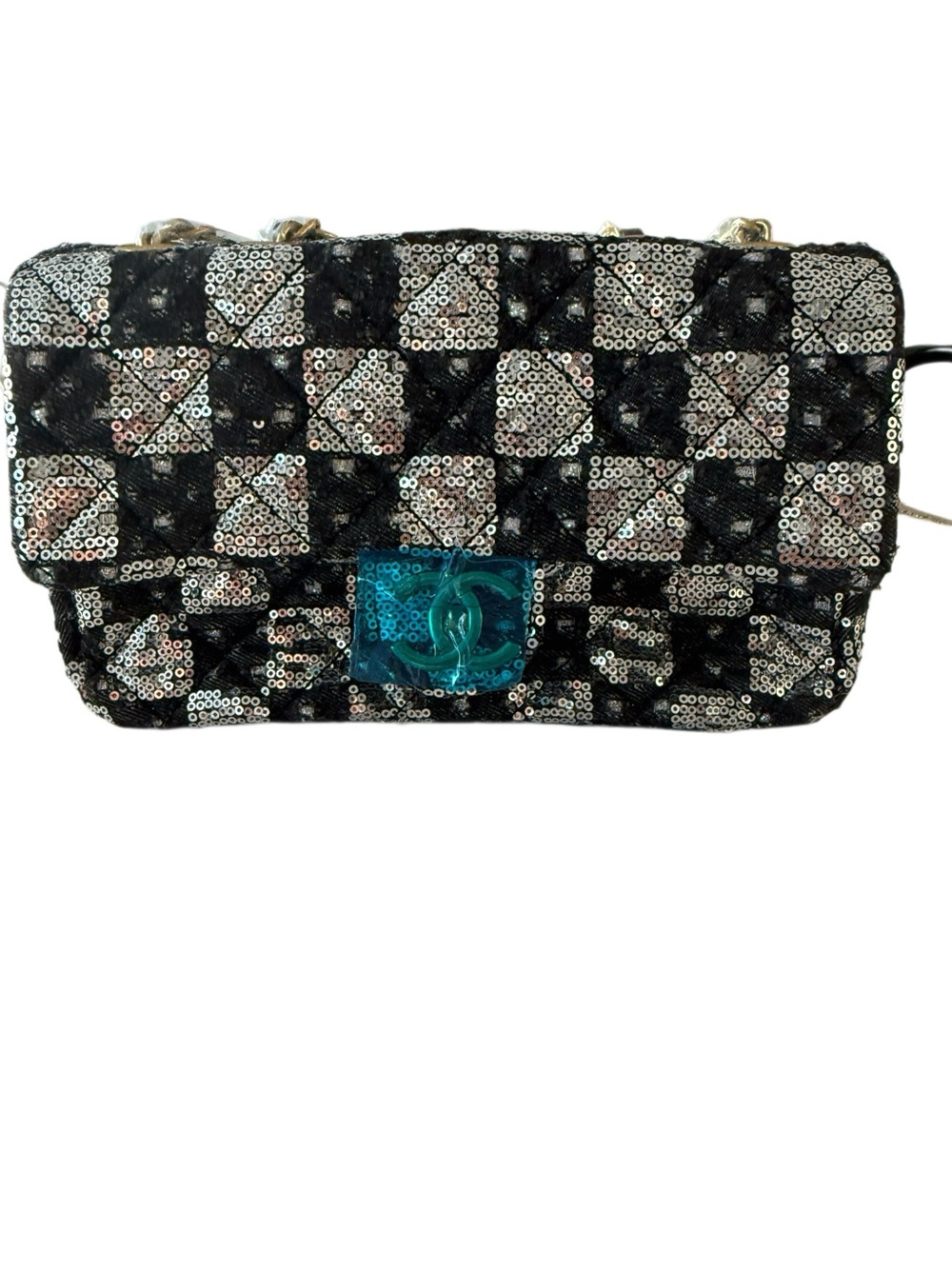 Luxury Sequin Quilted Chain Shoulder Bag - Black & Silver